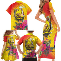 Papua New Guinea Cultural Tropical Flowers Family Matching Short Sleeve Bodycon Dress and Hawaiian Shirt