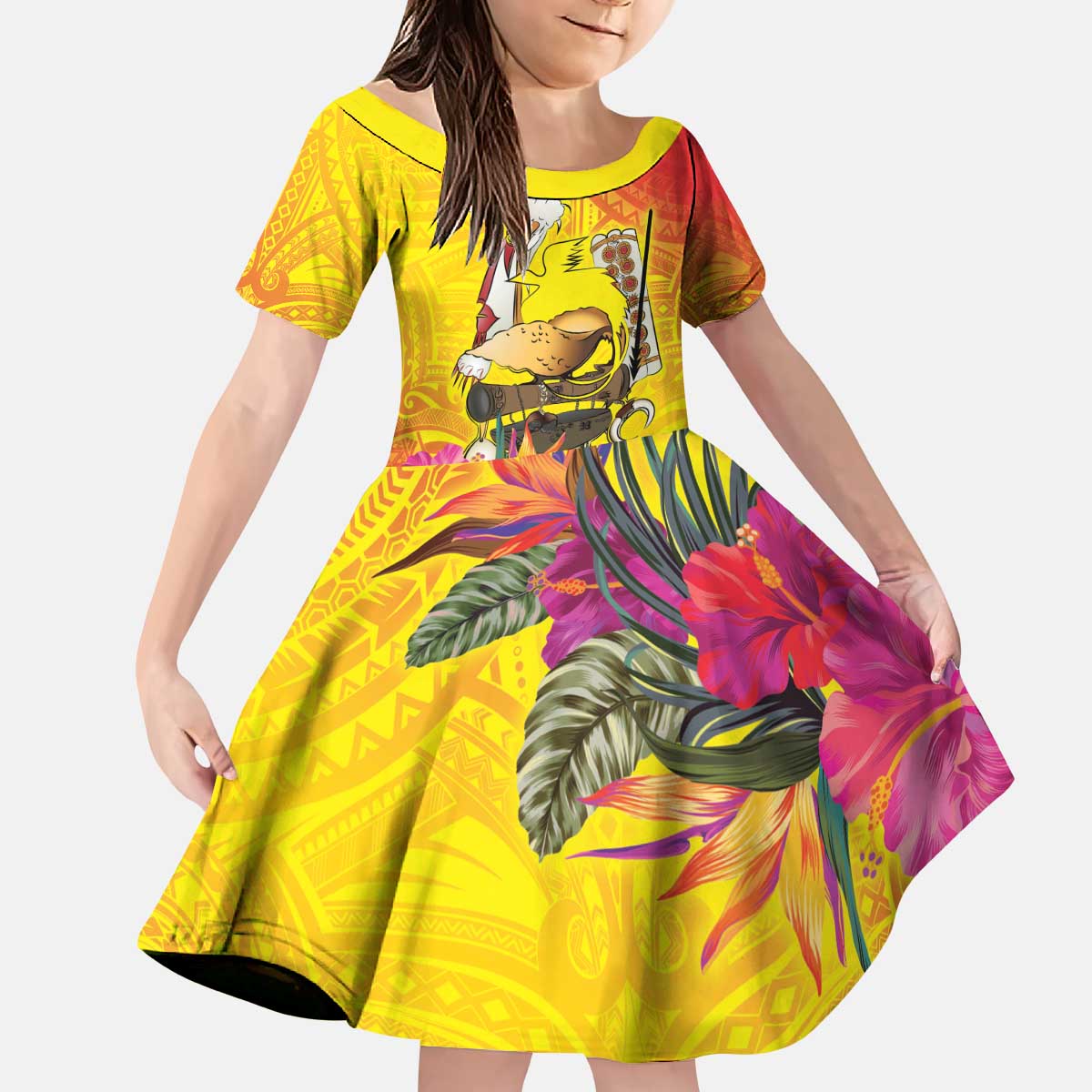 Papua New Guinea Cultural Tropical Flowers Kid Short Sleeve Dress LT9 KID Gold - Polynesian Pride