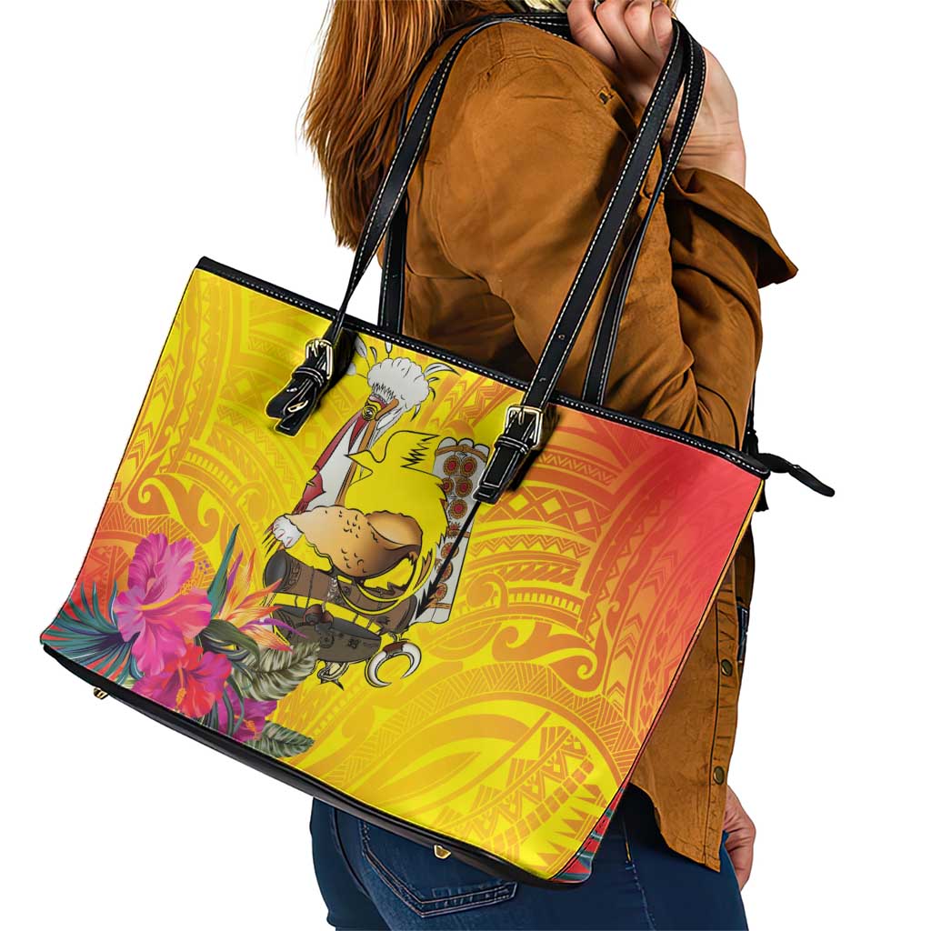 Papua New Guinea Cultural Tropical Flowers Leather Tote Bag