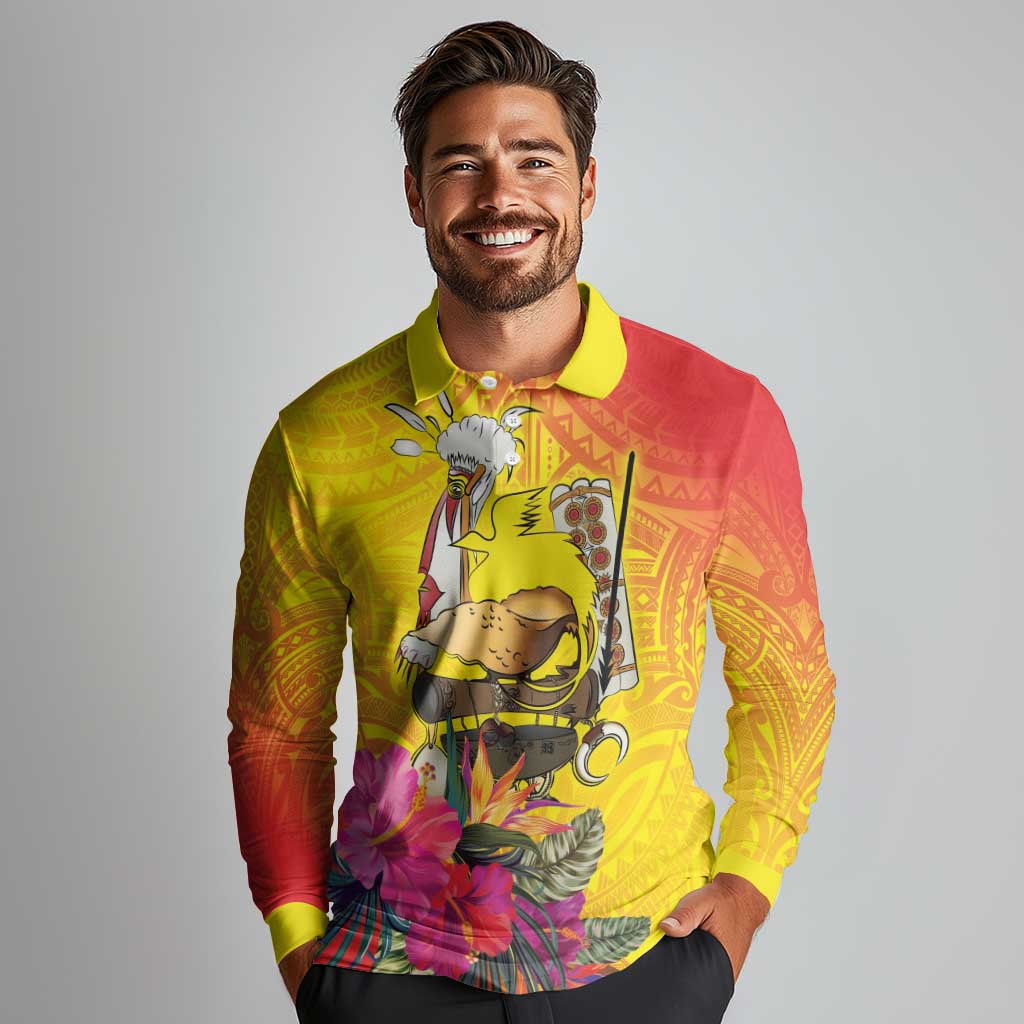 Papua New Guinea Cultural Tropical Flowers Long Sleeve Polo Shirt