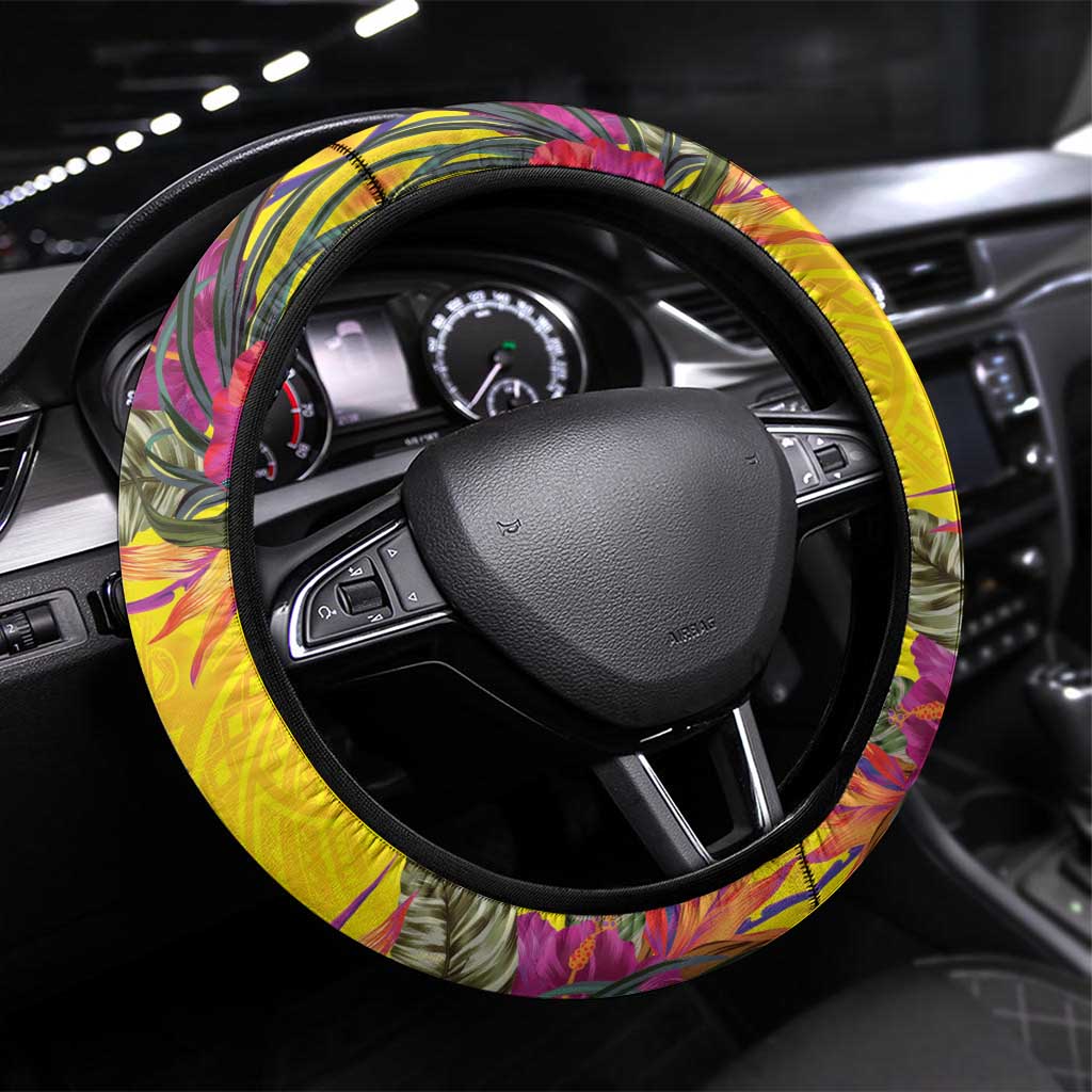 Papua New Guinea Cultural Tropical Flowers Steering Wheel Cover LT9 Universal Fit Gold - Polynesian Pride