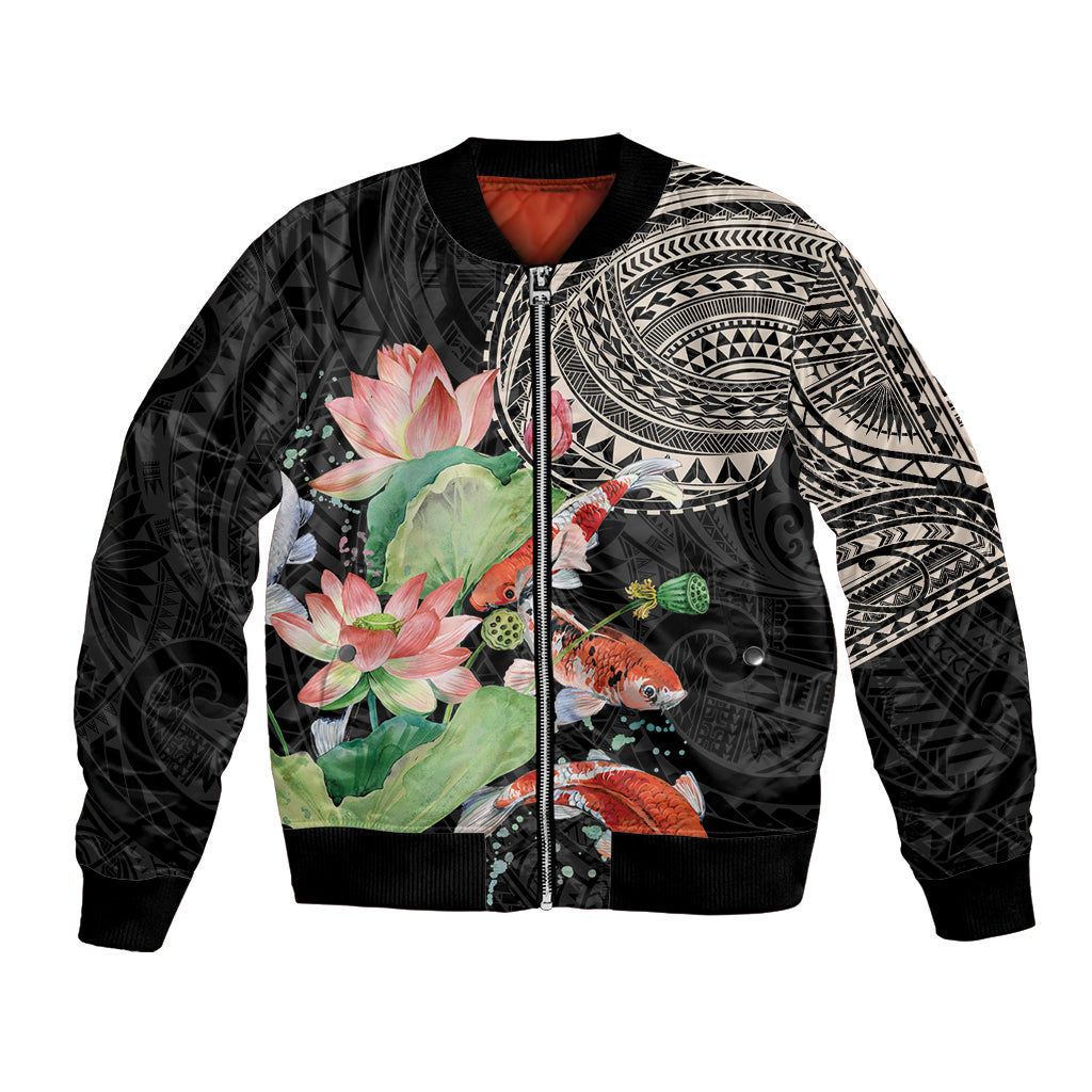 Personalized Japanese Koi Fish Bomber Jacket with Polynesian Pattern LT9 Unisex Black - Polynesian Pride