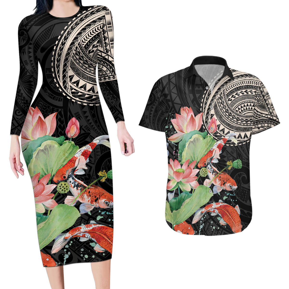 Personalized Japanese Koi Fish Couples Matching Long Sleeve Bodycon Dress and Hawaiian Shirt with Polynesian Pattern LT9 Black - Polynesian Pride