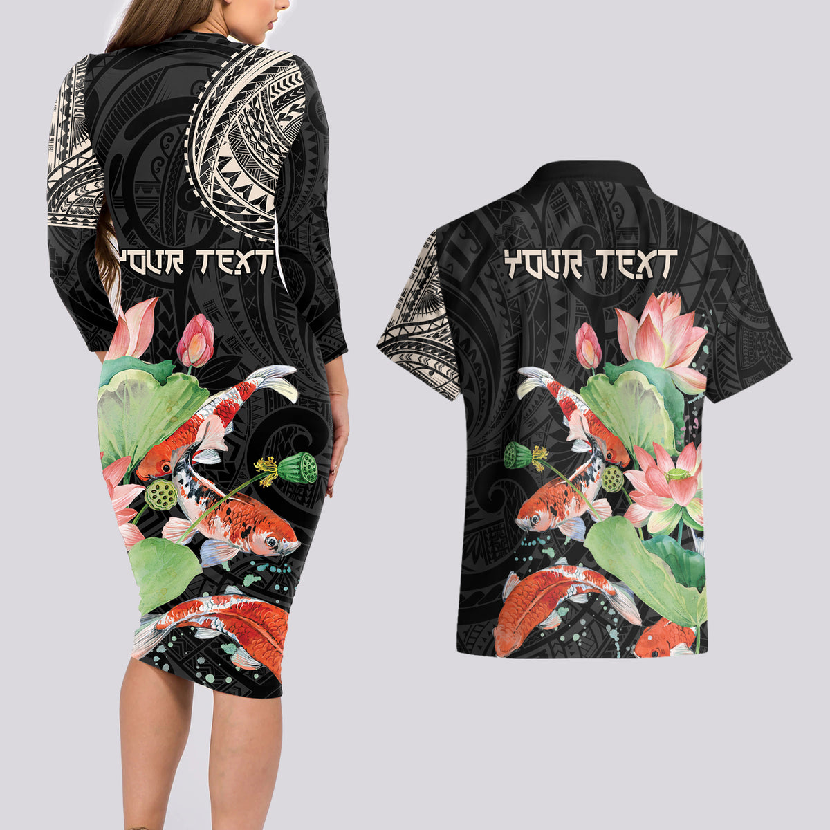 Personalized Japanese Koi Fish Couples Matching Long Sleeve Bodycon Dress and Hawaiian Shirt with Polynesian Pattern LT9 - Polynesian Pride