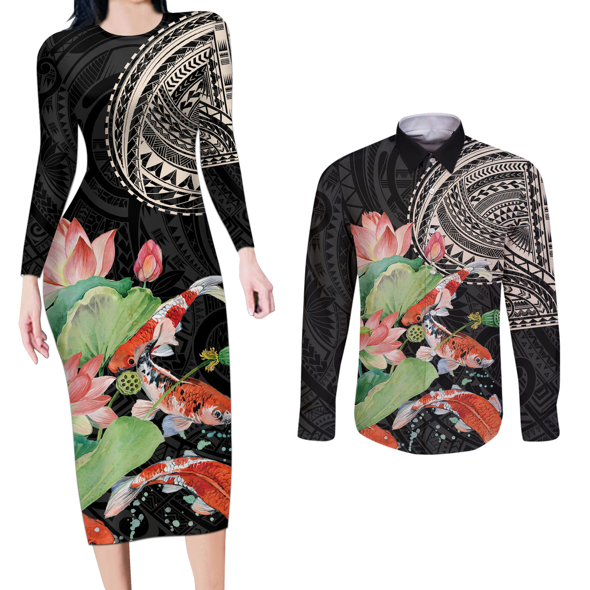 Personalized Japanese Koi Fish Couples Matching Long Sleeve Bodycon Dress and Long Sleeve Button Shirt with Polynesian Pattern LT9 Black - Polynesian Pride