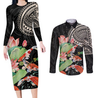 Personalized Japanese Koi Fish Couples Matching Long Sleeve Bodycon Dress and Long Sleeve Button Shirt with Polynesian Pattern LT9 Black - Polynesian Pride