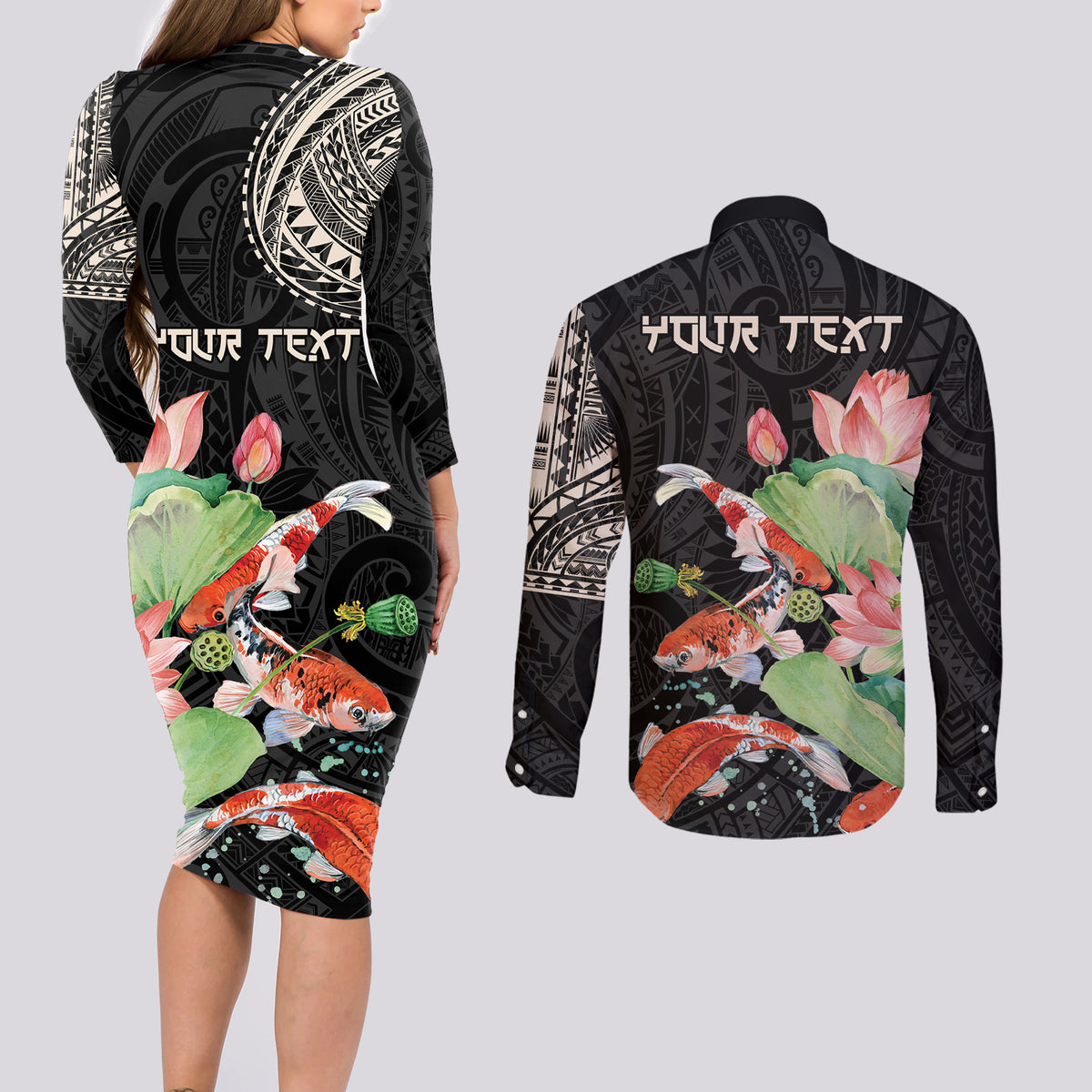Personalized Japanese Koi Fish Couples Matching Long Sleeve Bodycon Dress and Long Sleeve Button Shirt with Polynesian Pattern LT9 - Polynesian Pride