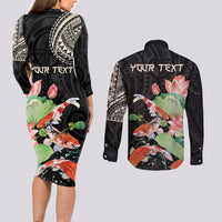 Personalized Japanese Koi Fish Couples Matching Long Sleeve Bodycon Dress and Long Sleeve Button Shirt with Polynesian Pattern LT9 - Polynesian Pride