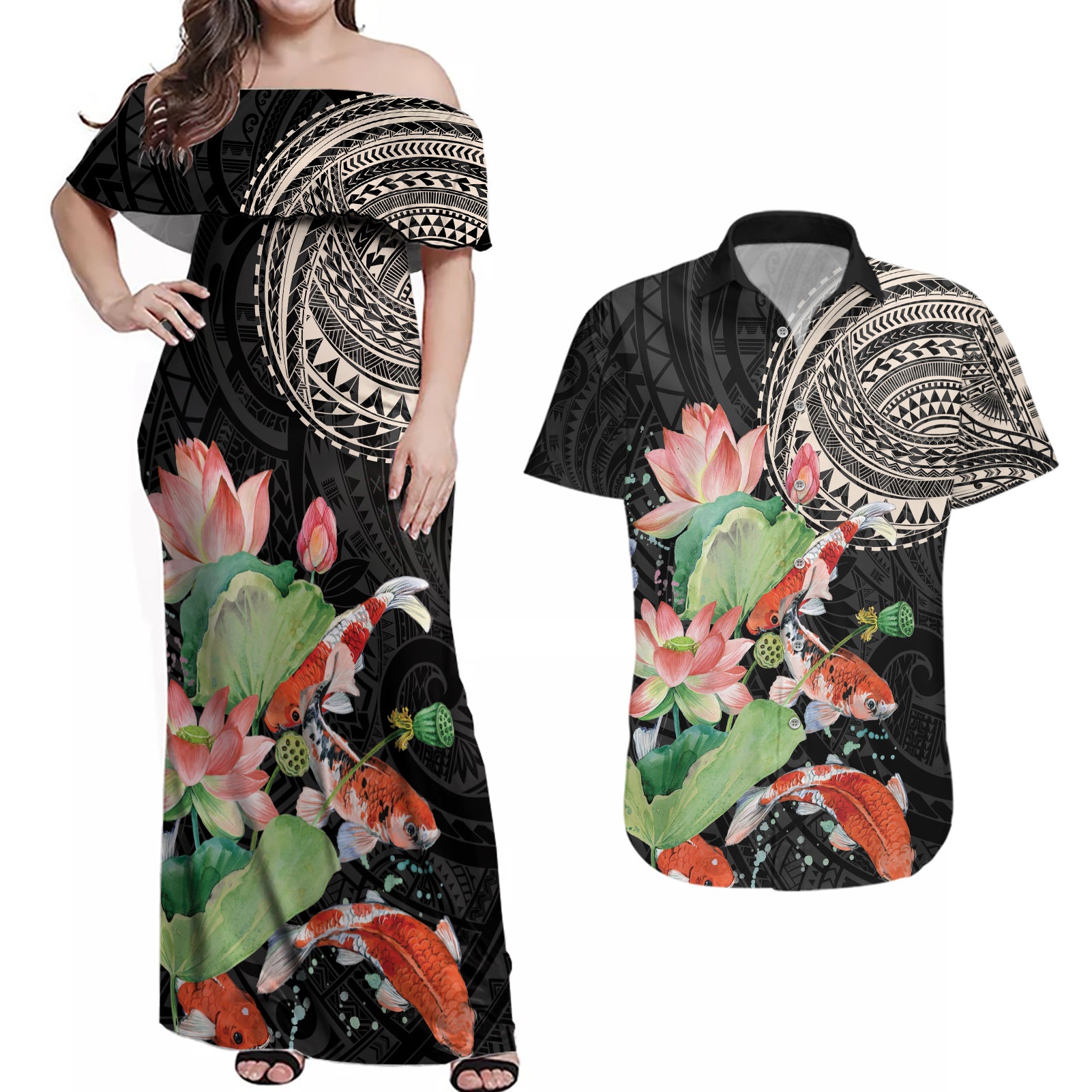 Personalized Japanese Koi Fish Couples Matching Off Shoulder Maxi Dress and Hawaiian Shirt with Polynesian Pattern