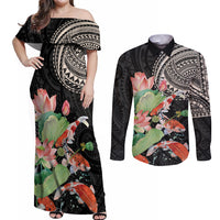 Personalized Japanese Koi Fish Couples Matching Off Shoulder Maxi Dress and Long Sleeve Button Shirt with Polynesian Pattern