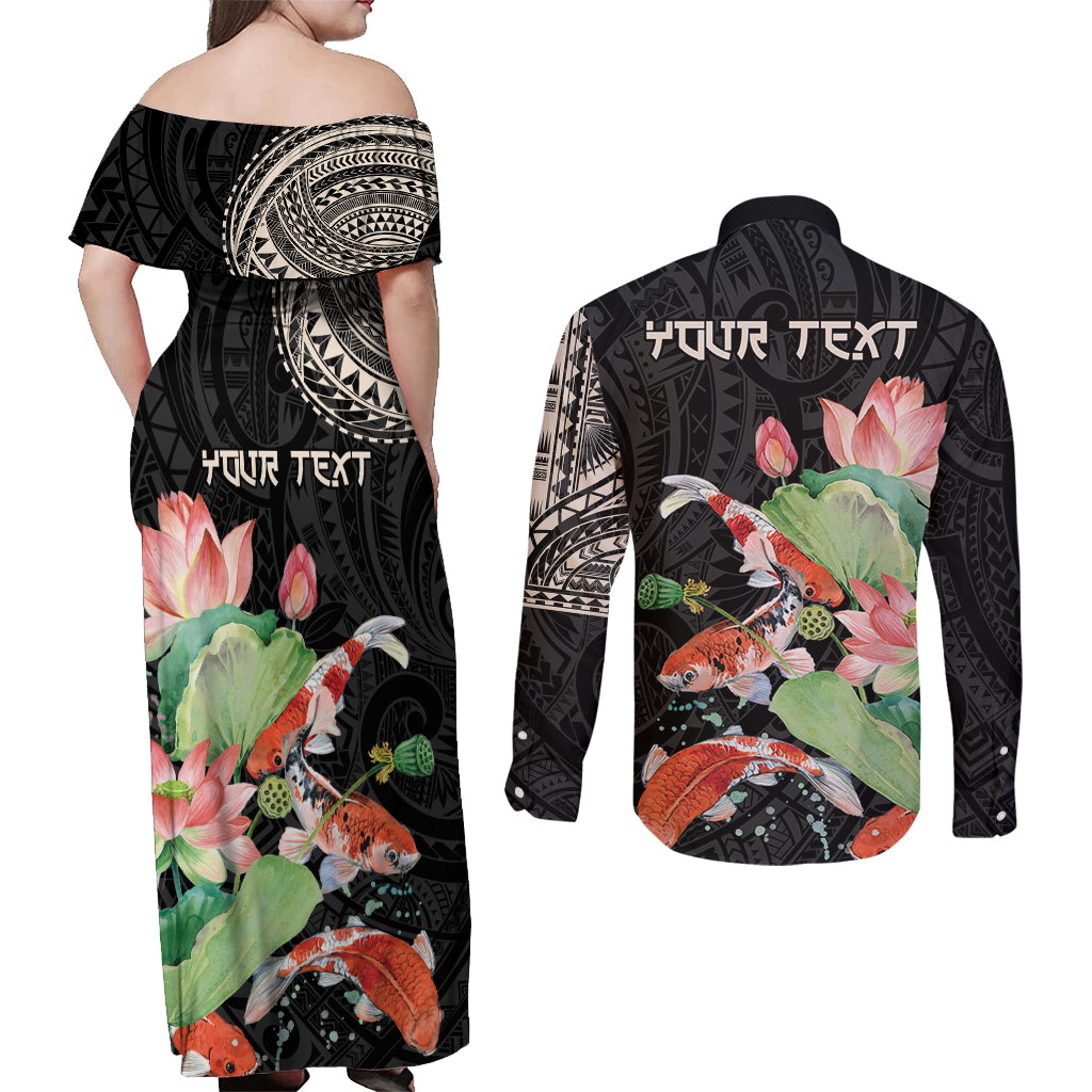 Personalized Japanese Koi Fish Couples Matching Off Shoulder Maxi Dress and Long Sleeve Button Shirt with Polynesian Pattern