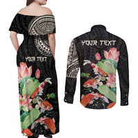 Personalized Japanese Koi Fish Couples Matching Off Shoulder Maxi Dress and Long Sleeve Button Shirt with Polynesian Pattern