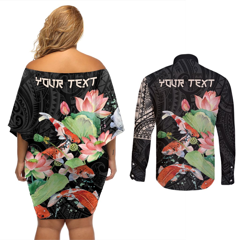 Personalized Japanese Koi Fish Couples Matching Off Shoulder Short Dress and Long Sleeve Button Shirt with Polynesian Pattern LT9 - Polynesian Pride
