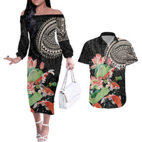 Personalized Japanese Koi Fish Couples Matching Off The Shoulder Long Sleeve Dress and Hawaiian Shirt with Polynesian Pattern LT9 Black - Polynesian Pride