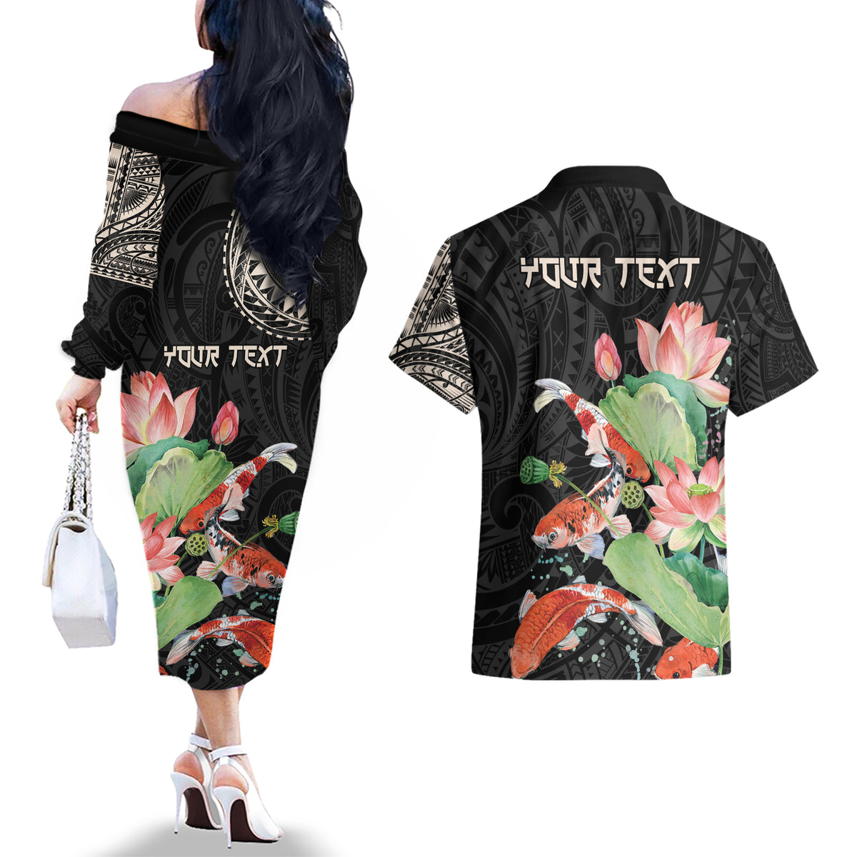 Personalized Japanese Koi Fish Couples Matching Off The Shoulder Long Sleeve Dress and Hawaiian Shirt with Polynesian Pattern LT9 - Polynesian Pride