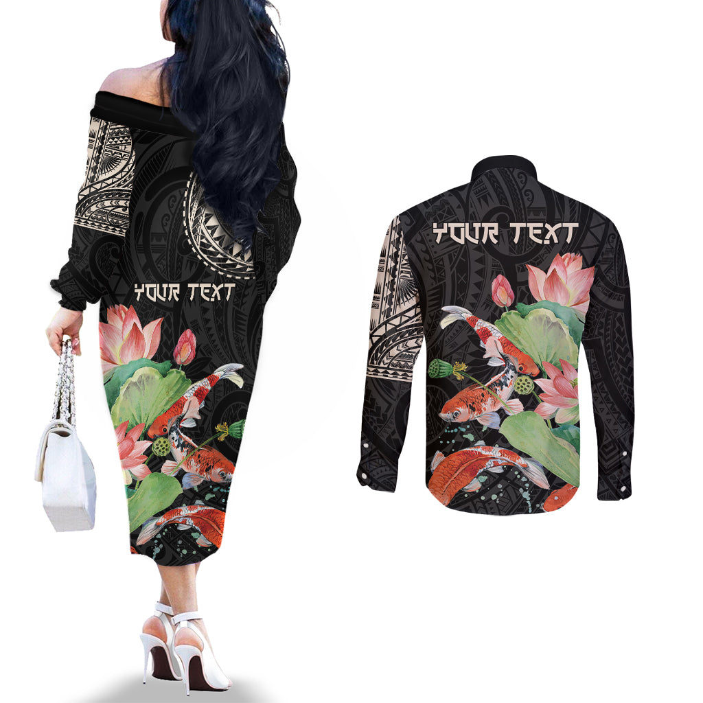 Personalized Japanese Koi Fish Couples Matching Off The Shoulder Long Sleeve Dress and Long Sleeve Button Shirt with Polynesian Pattern LT9 - Polynesian Pride