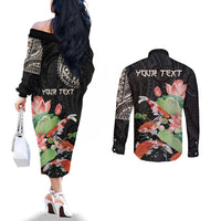 Personalized Japanese Koi Fish Couples Matching Off The Shoulder Long Sleeve Dress and Long Sleeve Button Shirt with Polynesian Pattern LT9 - Polynesian Pride