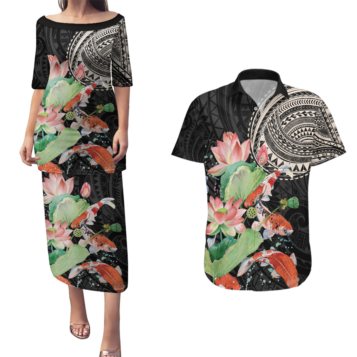 Personalized Japanese Koi Fish Couples Matching Puletasi and Hawaiian Shirt with Polynesian Pattern LT9 Black - Polynesian Pride