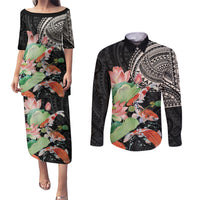 Personalized Japanese Koi Fish Couples Matching Puletasi and Long Sleeve Button Shirt with Polynesian Pattern