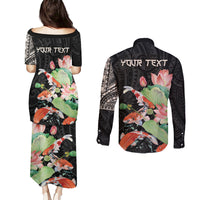 Personalized Japanese Koi Fish Couples Matching Puletasi and Long Sleeve Button Shirt with Polynesian Pattern