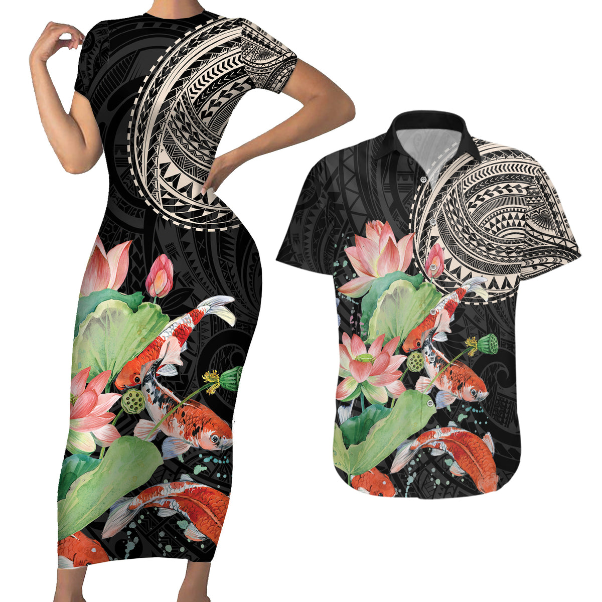 Personalized Japanese Koi Fish Couples Matching Short Sleeve Bodycon Dress and Hawaiian Shirt with Polynesian Pattern LT9 Black - Polynesian Pride
