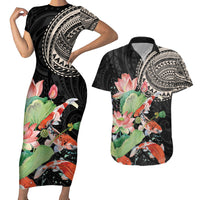 Personalized Japanese Koi Fish Couples Matching Short Sleeve Bodycon Dress and Hawaiian Shirt with Polynesian Pattern LT9 Black - Polynesian Pride