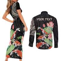 Personalized Japanese Koi Fish Couples Matching Short Sleeve Bodycon Dress and Long Sleeve Button Shirt with Polynesian Pattern LT9 - Polynesian Pride