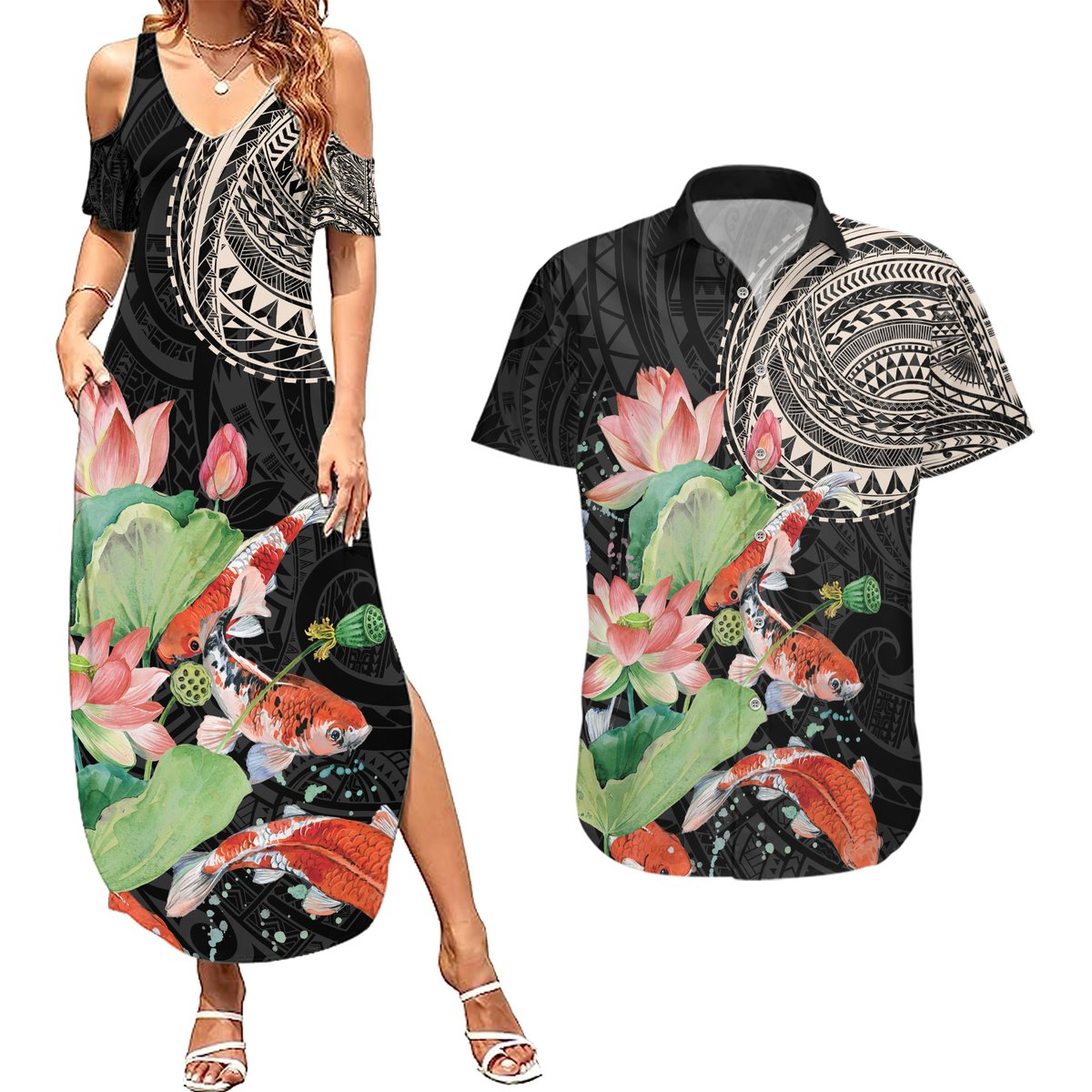 Personalized Japanese Koi Fish Couples Matching Summer Maxi Dress and Hawaiian Shirt with Polynesian Pattern LT9 Black - Polynesian Pride