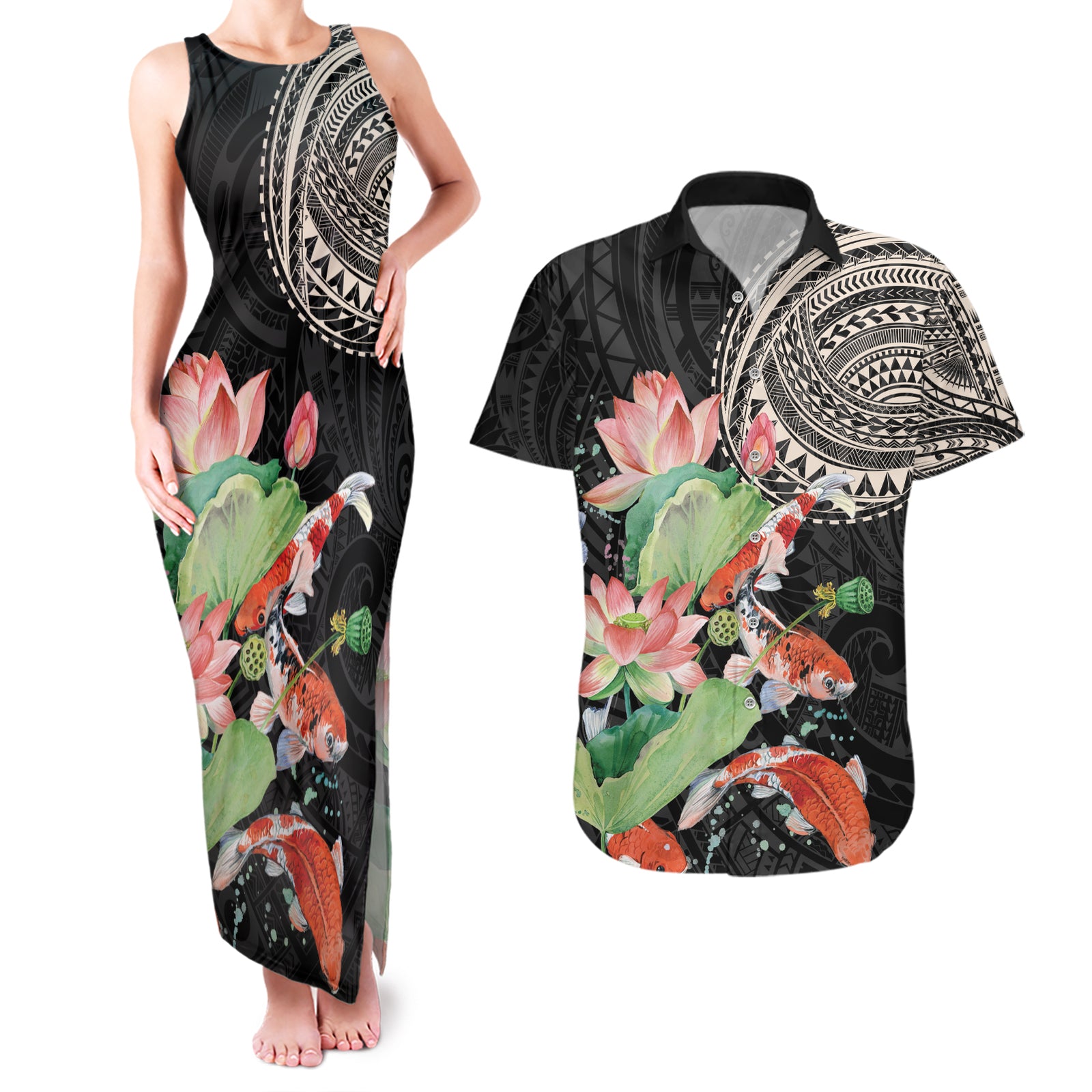 Personalized Japanese Koi Fish Couples Matching Tank Maxi Dress and Hawaiian Shirt with Polynesian Pattern LT9 Black - Polynesian Pride