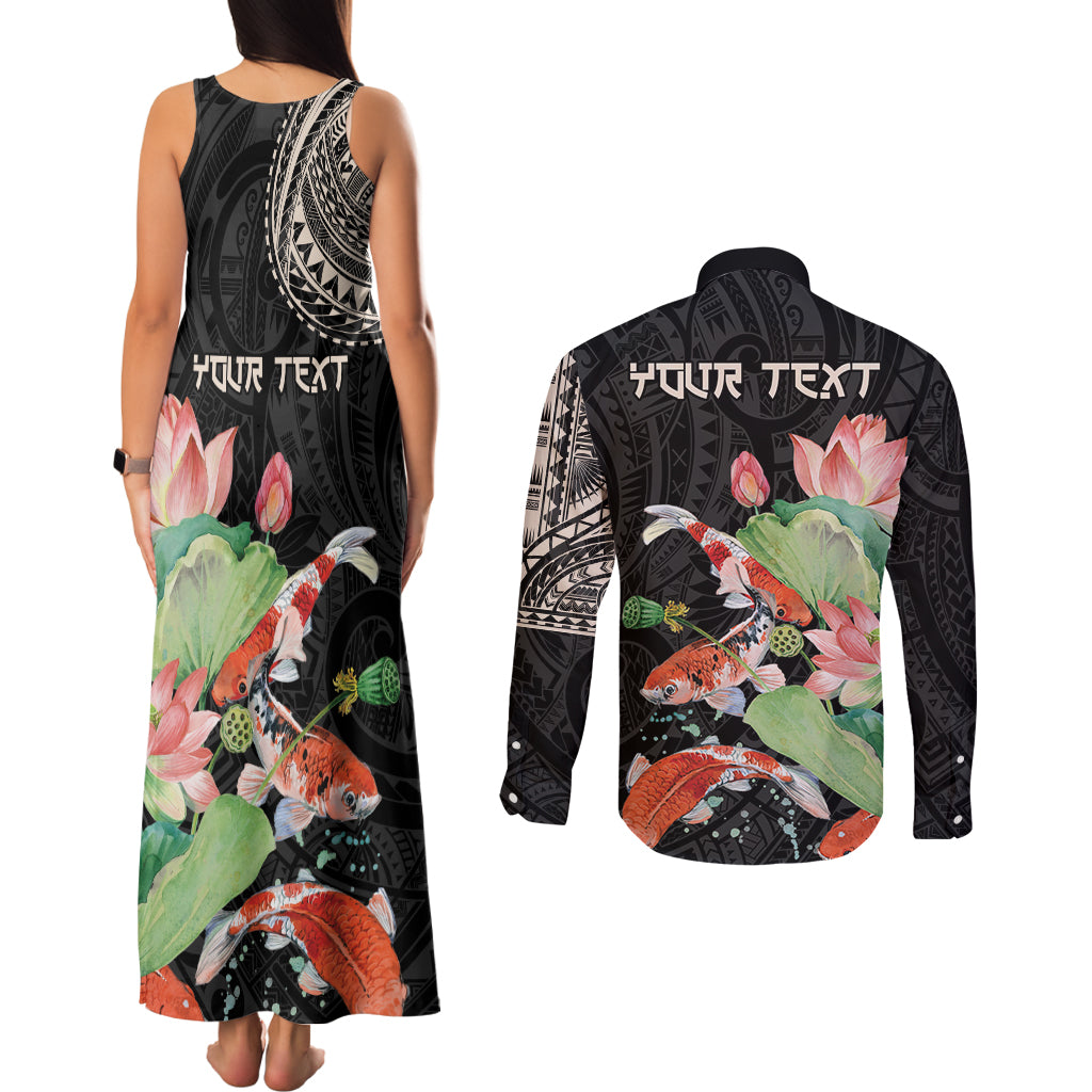 Personalized Japanese Koi Fish Couples Matching Tank Maxi Dress and Long Sleeve Button Shirt with Polynesian Pattern LT9 - Polynesian Pride