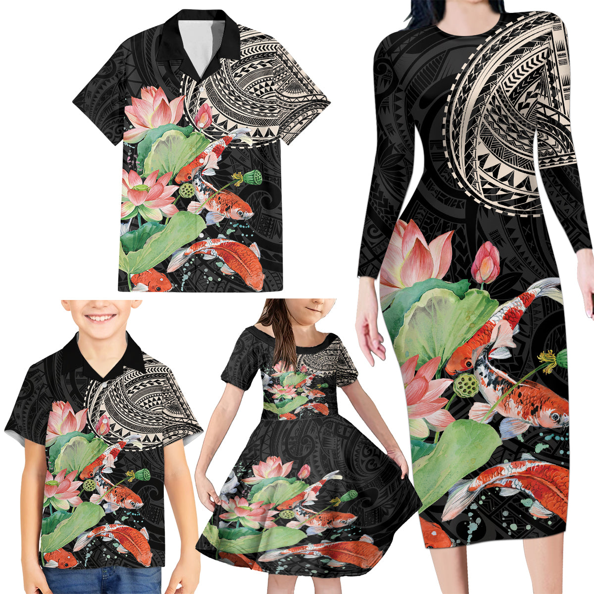 Personalized Japanese Koi Fish Family Matching Long Sleeve Bodycon Dress and Hawaiian Shirt with Polynesian Pattern