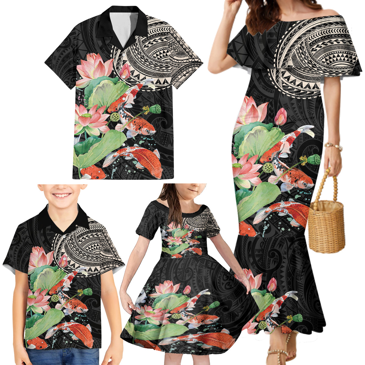 Personalized Japanese Koi Fish Family Matching Mermaid Dress and Hawaiian Shirt with Polynesian Pattern