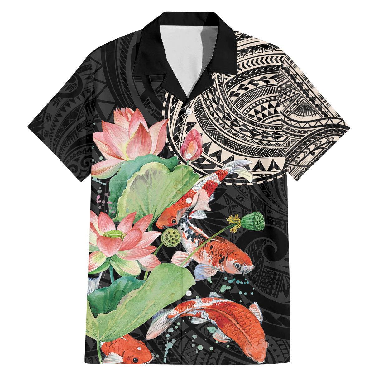 Personalized Japanese Koi Fish Family Matching Mermaid Dress and Hawaiian Shirt with Polynesian Pattern LT9 Dad's Shirt - Short Sleeve Black - Polynesian Pride