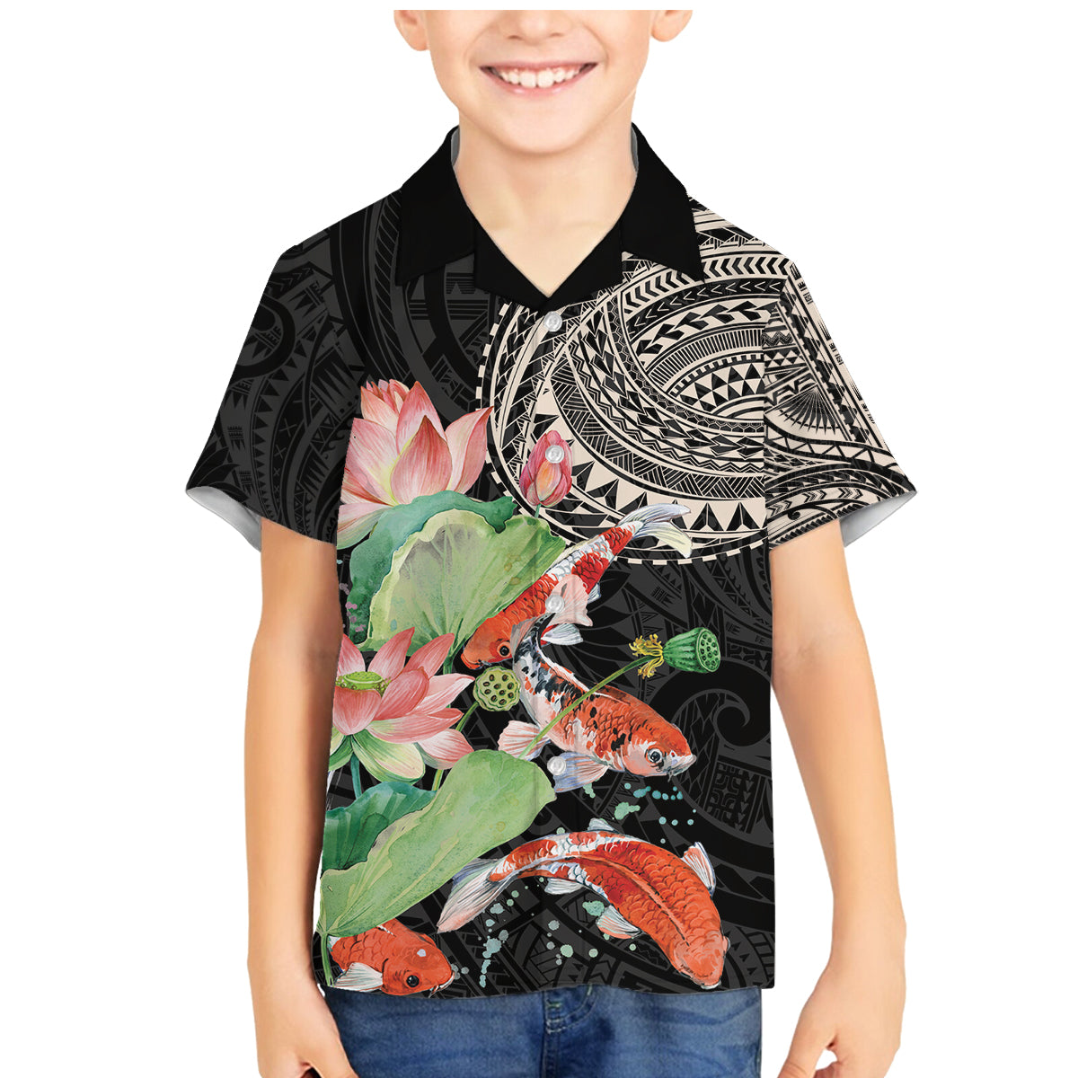 Personalized Japanese Koi Fish Family Matching Mermaid Dress and Hawaiian Shirt with Polynesian Pattern LT9 Son's Shirt Black - Polynesian Pride