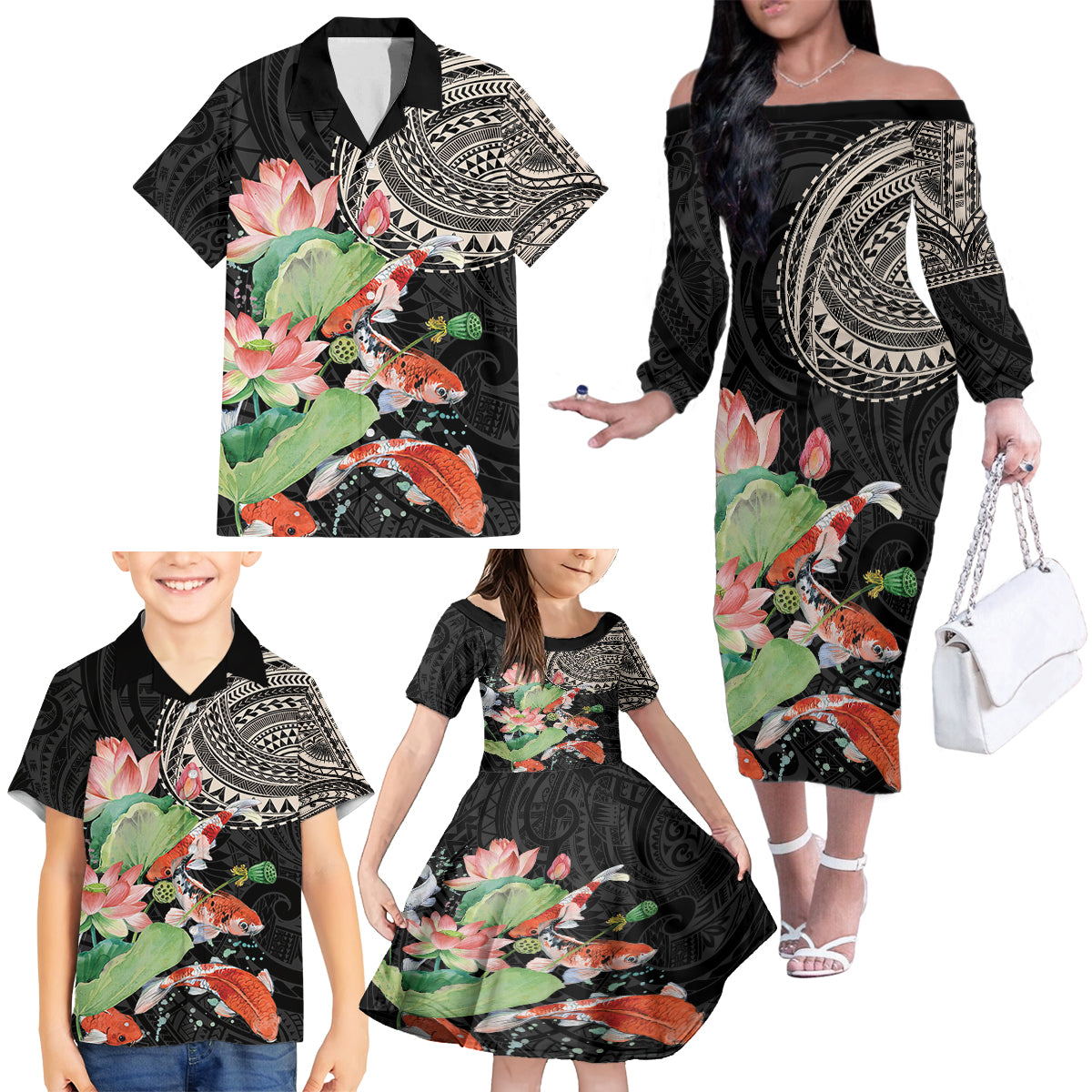 Personalized Japanese Koi Fish Family Matching Off The Shoulder Long Sleeve Dress and Hawaiian Shirt with Polynesian Pattern