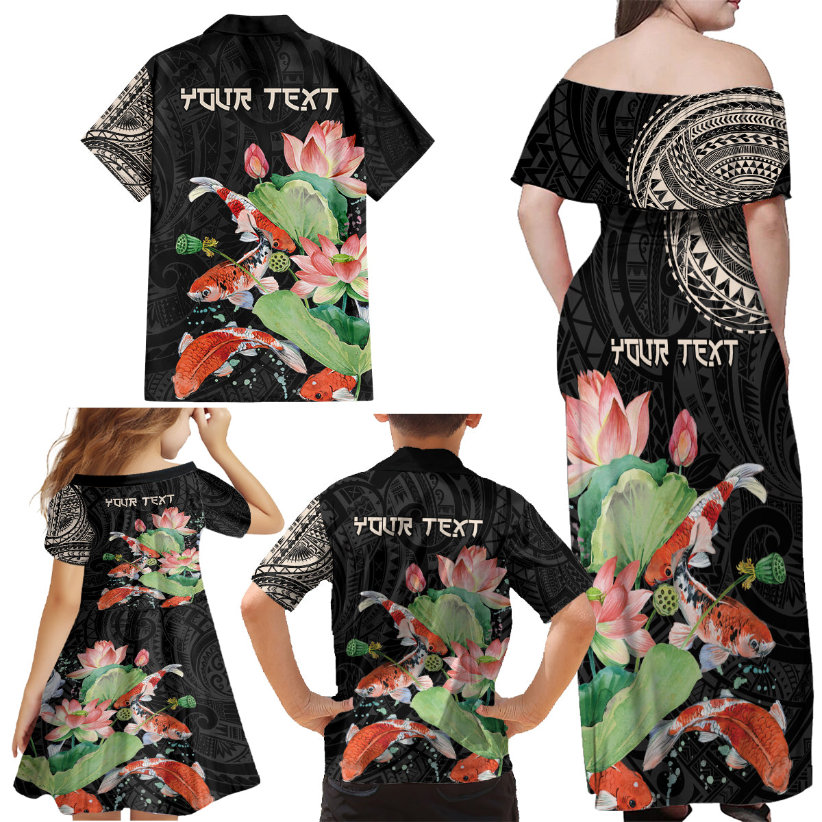 Personalized Japanese Koi Fish Family Matching Off Shoulder Maxi Dress and Hawaiian Shirt with Polynesian Pattern LT9 - Polynesian Pride