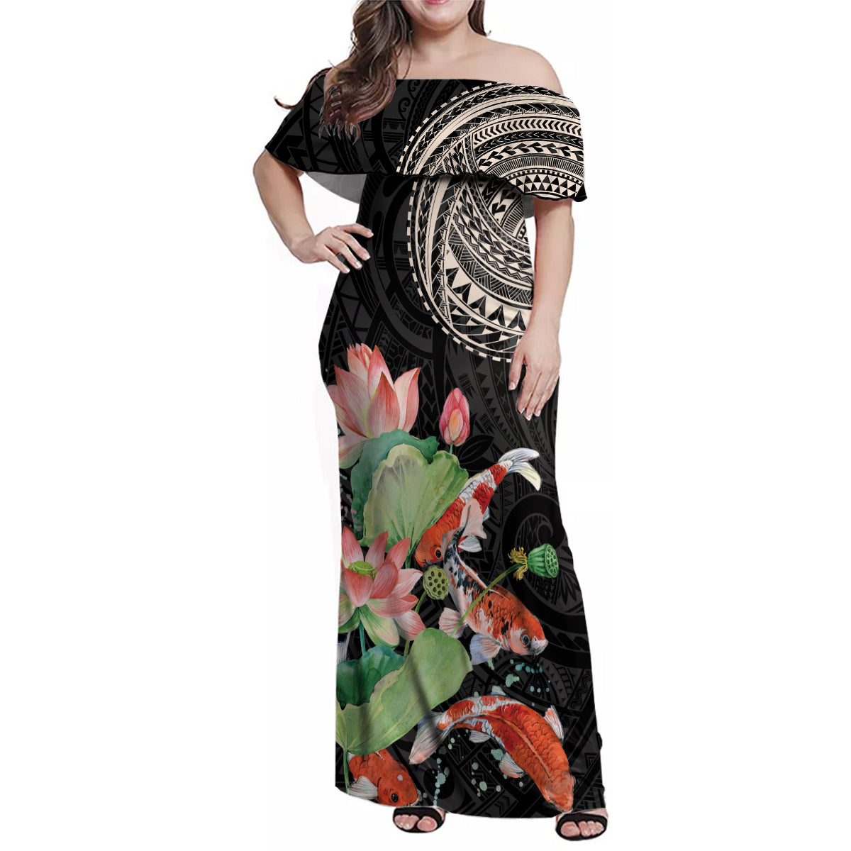 Personalized Japanese Koi Fish Family Matching Off Shoulder Maxi Dress and Hawaiian Shirt with Polynesian Pattern LT9 Mom's Dress Black - Polynesian Pride
