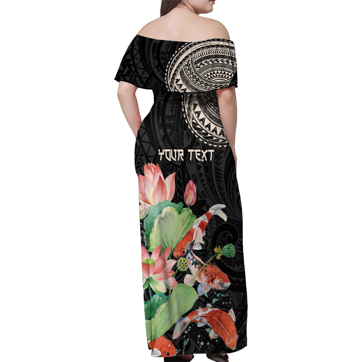 Personalized Japanese Koi Fish Family Matching Off Shoulder Maxi Dress and Hawaiian Shirt with Polynesian Pattern LT9 - Polynesian Pride