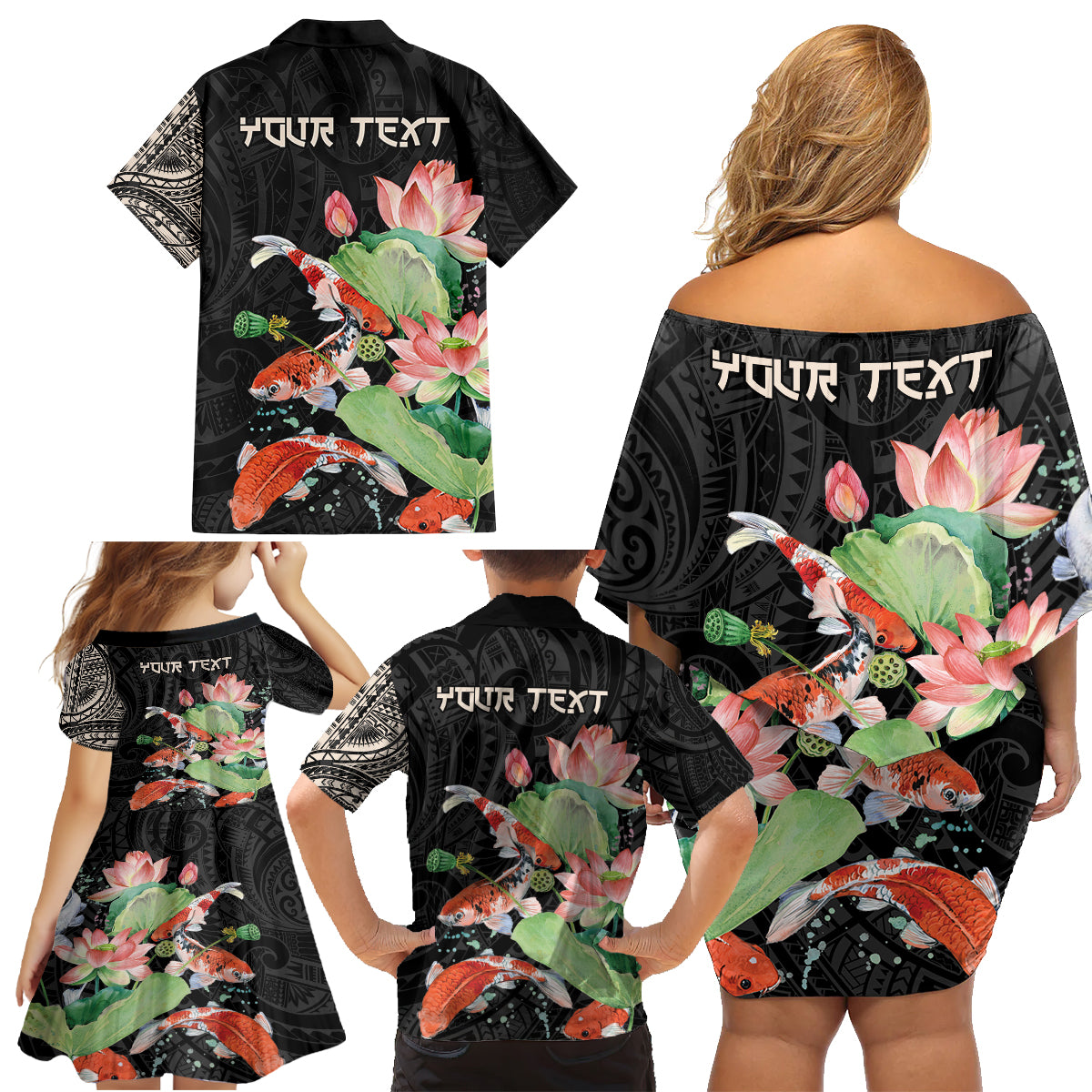 Personalized Japanese Koi Fish Family Matching Off Shoulder Short Dress and Hawaiian Shirt with Polynesian Pattern LT9 - Polynesian Pride