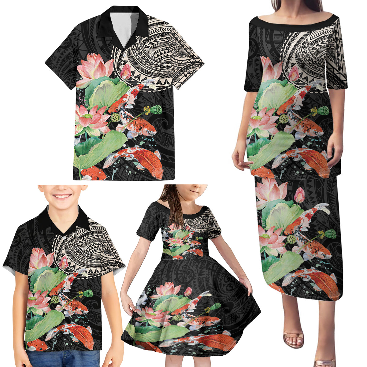 Personalized Japanese Koi Fish Family Matching Puletasi and Hawaiian Shirt with Polynesian Pattern