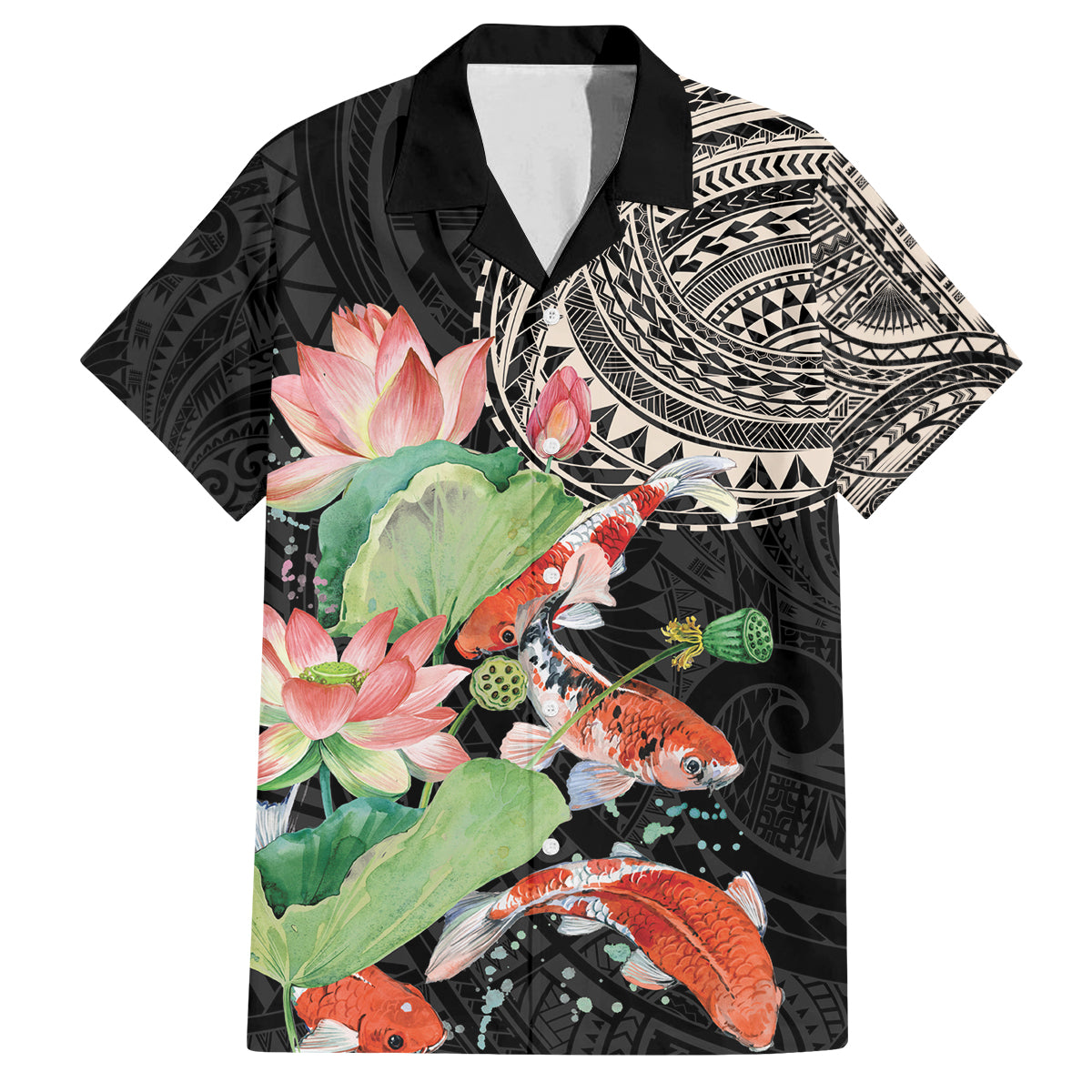 Personalized Japanese Koi Fish Family Matching Puletasi and Hawaiian Shirt with Polynesian Pattern LT9 Dad's Shirt - Short Sleeve Black - Polynesian Pride