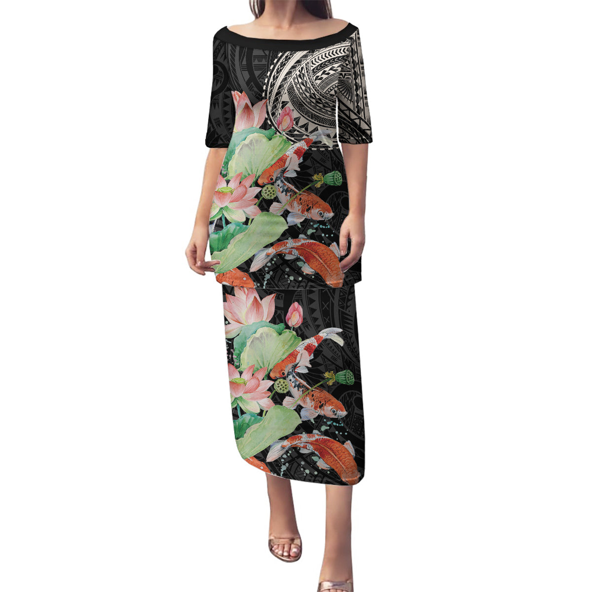 Personalized Japanese Koi Fish Family Matching Puletasi and Hawaiian Shirt with Polynesian Pattern LT9 Mom's Dress Black - Polynesian Pride