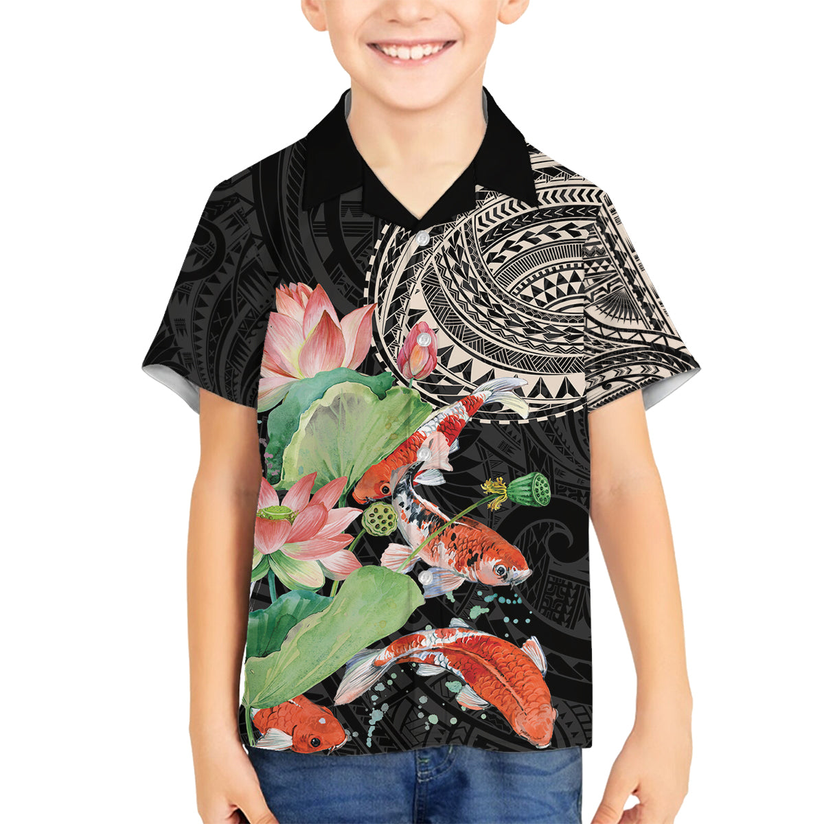 Personalized Japanese Koi Fish Family Matching Puletasi and Hawaiian Shirt with Polynesian Pattern LT9 Son's Shirt Black - Polynesian Pride