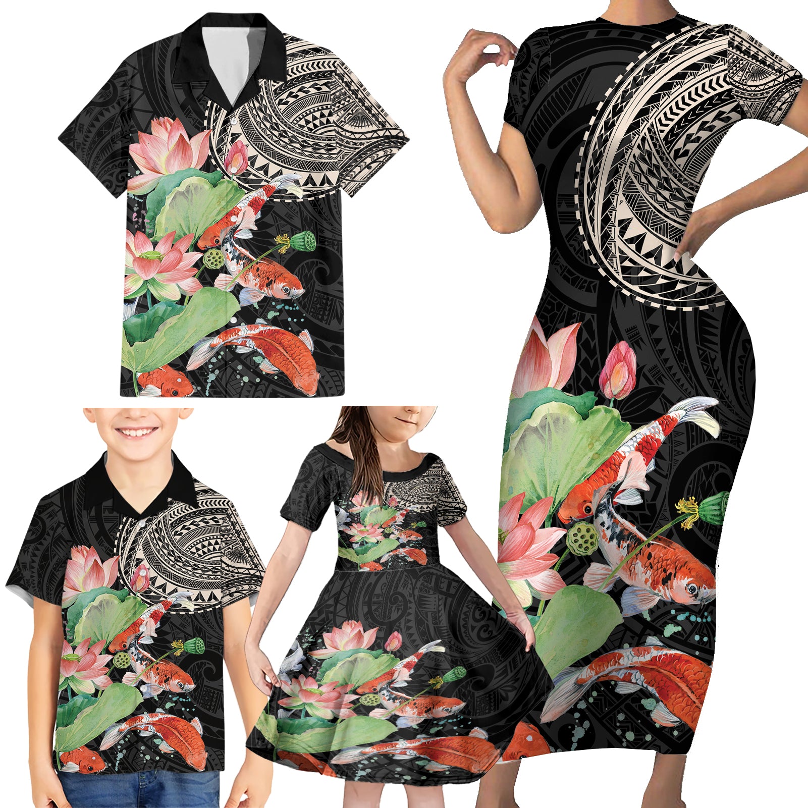 Personalized Japanese Koi Fish Family Matching Short Sleeve Bodycon Dress and Hawaiian Shirt with Polynesian Pattern