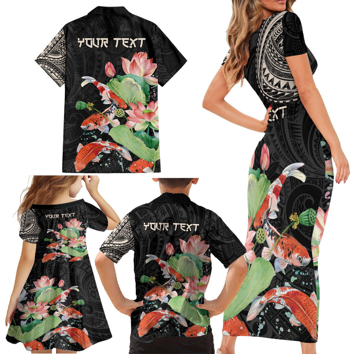 Personalized Japanese Koi Fish Family Matching Short Sleeve Bodycon Dress and Hawaiian Shirt with Polynesian Pattern LT9 - Polynesian Pride