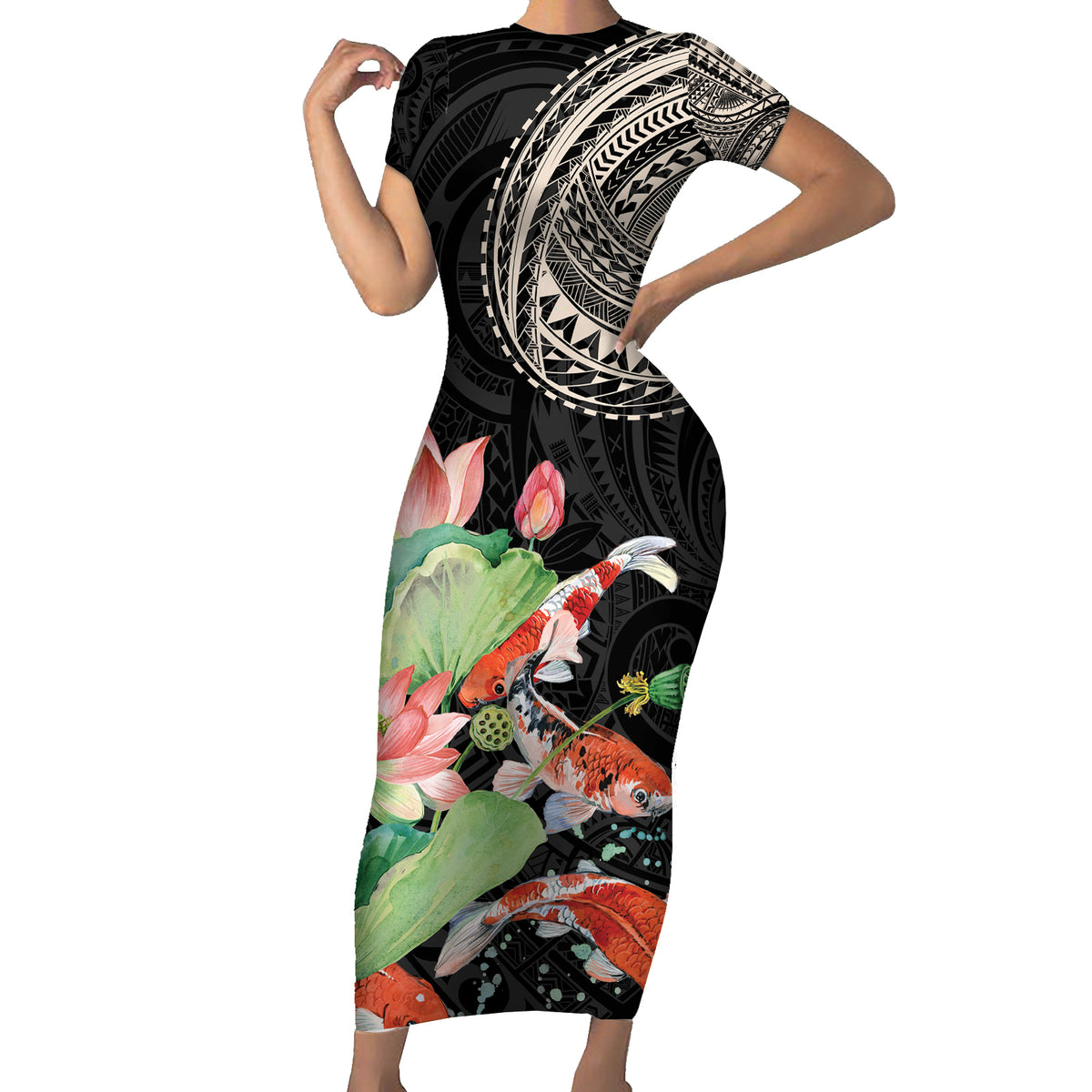 Personalized Japanese Koi Fish Family Matching Short Sleeve Bodycon Dress and Hawaiian Shirt with Polynesian Pattern LT9 Mom's Dress Black - Polynesian Pride