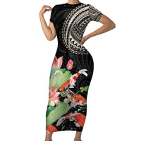 Personalized Japanese Koi Fish Family Matching Short Sleeve Bodycon Dress and Hawaiian Shirt with Polynesian Pattern LT9 Mom's Dress Black - Polynesian Pride
