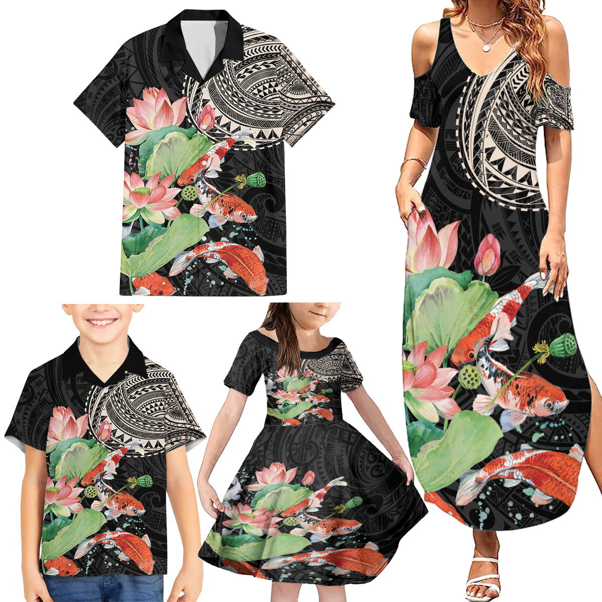 Personalized Japanese Koi Fish Family Matching Summer Maxi Dress and Hawaiian Shirt with Polynesian Pattern