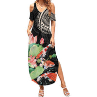 Personalized Japanese Koi Fish Family Matching Summer Maxi Dress and Hawaiian Shirt with Polynesian Pattern LT9 Mom's Dress Black - Polynesian Pride