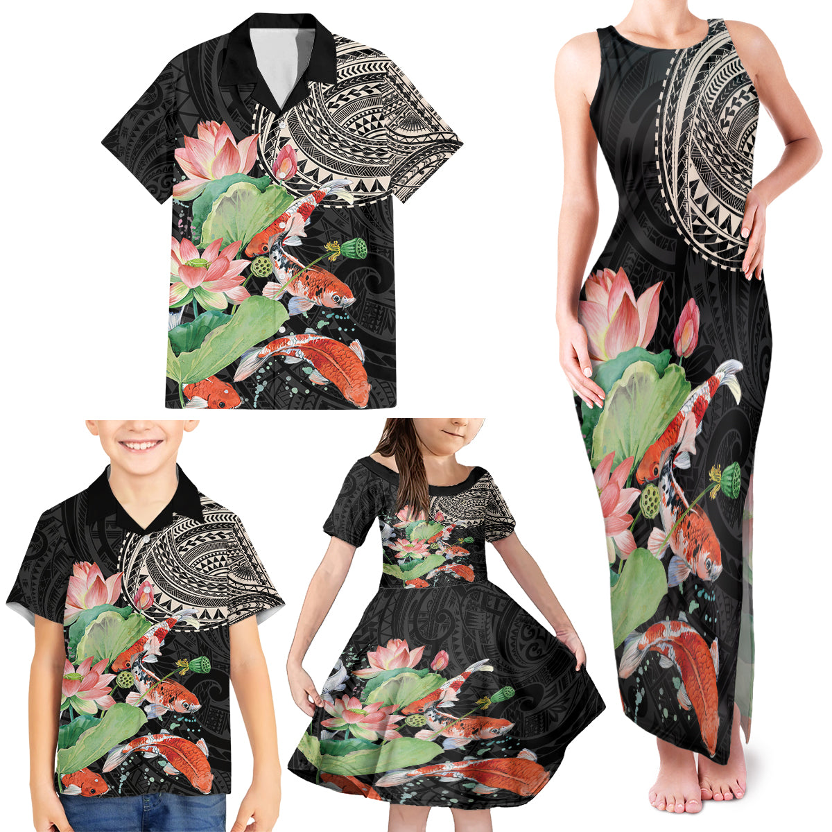 Personalized Japanese Koi Fish Family Matching Tank Maxi Dress and Hawaiian Shirt with Polynesian Pattern